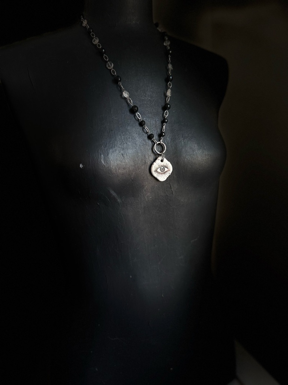 All seeing Eye evil eye Pendant Necklace with obsidian and quartz Beads boho
